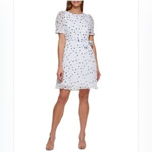 DKNY spring summer dress, size 12, white, blue dots, belted, lined, full skirt